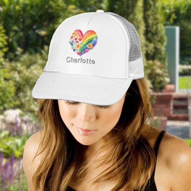 Personalised Watercolor Rainbow Heart Name Trucker Hat (A personalized hat with rainbow heart design in a watercolor style)