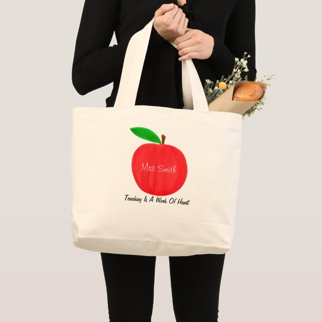 Personalised Watercolor Red Apple Teacher Large Tote Bag (Front (Product))