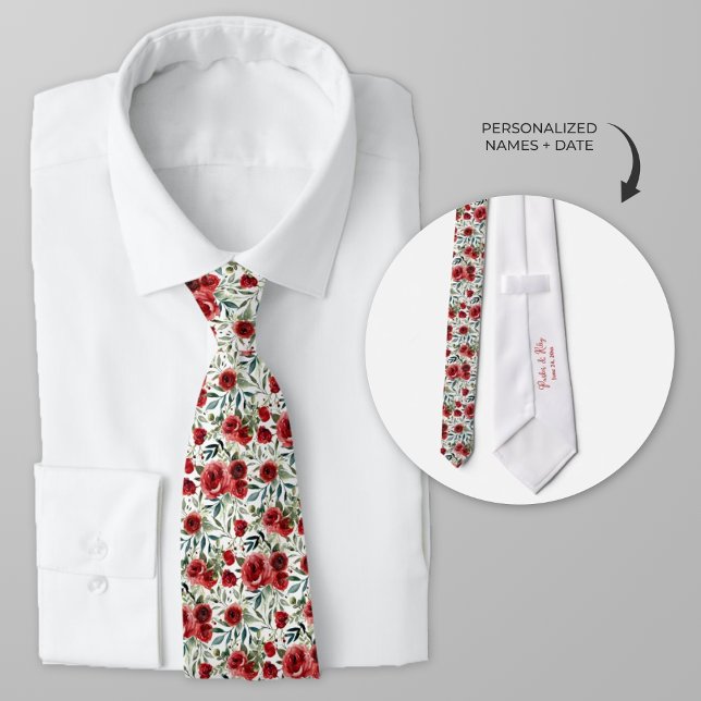 Personalised Watercolor Red Roses Tie (Personalized red roses wedding party neck tie)