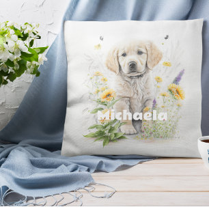 Personalised Watercolor Retriever Pup in Flowers Cushion