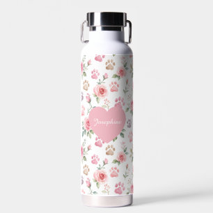 Personalised Watercolor Rose & Paw Print  Water Bottle