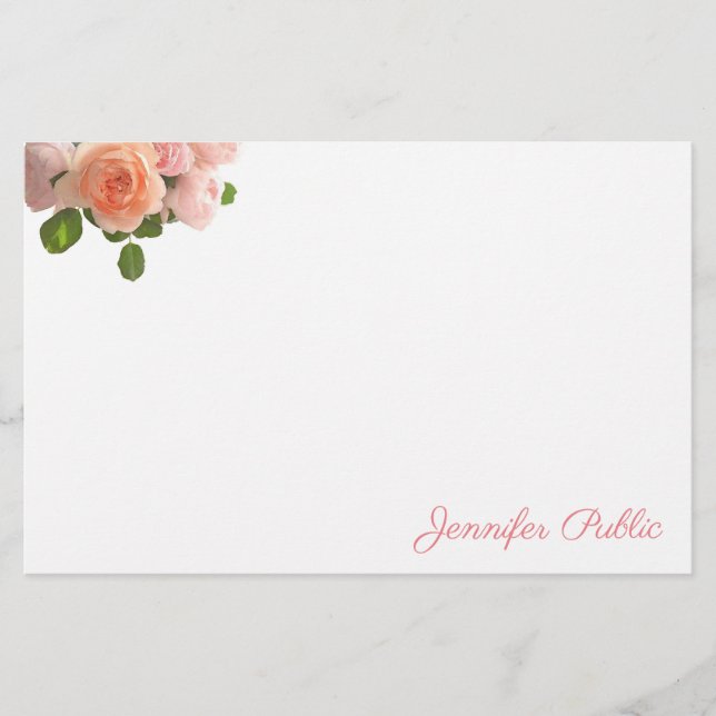 Personalised Watercolor Roses Elegant Hand Script Stationery (Front)