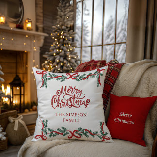 Personalised Watercolor Script Christmas Greenery Cushion