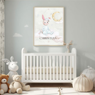 Personalised Watercolor Sleepy Bunny Nursery Art - Poster