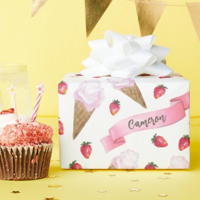 Personalised Watercolor Strawberry Ice Cream Cone Wrapping Paper (Birthday Party)