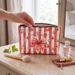 Personalised watercolor Strawberry Red Stripe  Accessory Pouch