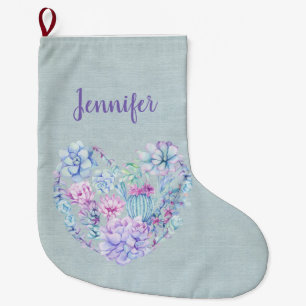 Personalised Watercolor Succulents Heart Large Christmas Stocking