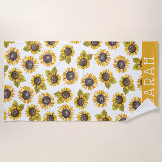 Personalised Watercolor Sunflower Beach Towel (Front)