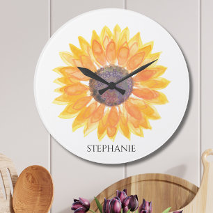 Personalised Watercolor Sunflower Large Clock