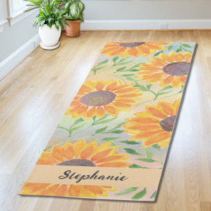 Personalised Watercolor Sunflower Leaves Yoga Mat