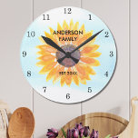 Personalised Watercolor Sunflower Round Clock<br><div class="desc">This floral walk clock is decorated with a watercolor yellow sunflower and blue sky background. Makes a perfect housewarming gift. Easily customisable. Use the Design Tool to change the text size, style, or colour. As we create our artwork you won't find this exact image from other designers. Original Watercolor ©...</div>