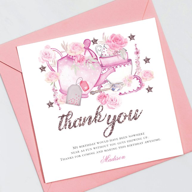 Personalised Watercolor Tea Party Glitter Thank You Card (Creator Uploaded)