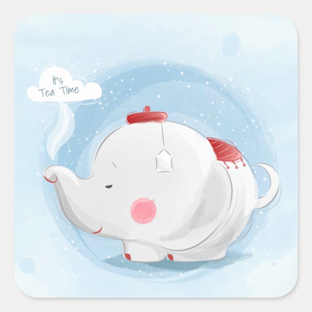 Personalised Watercolor Teacup Elephant Square Sticker (Front)