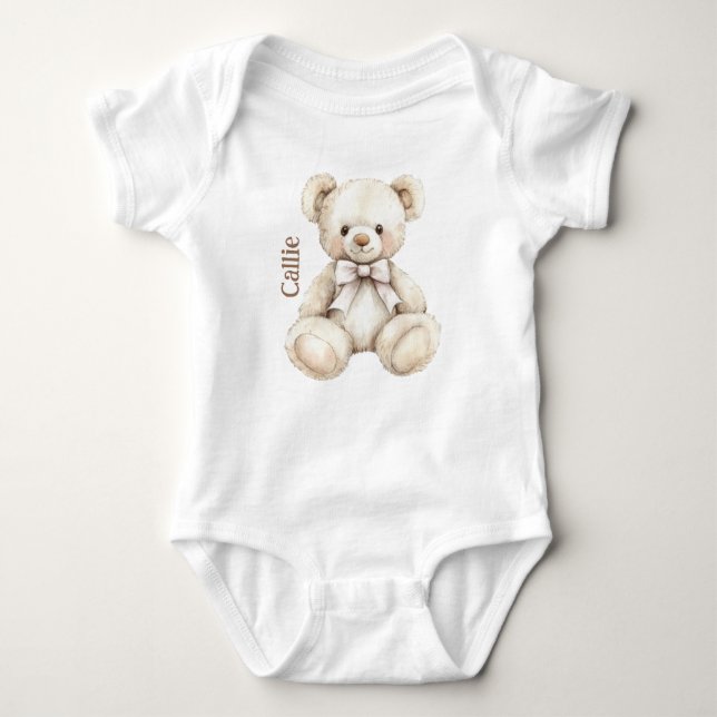 Personalised Watercolor Teddy Bear Baby Baby Bodysuit (Front)