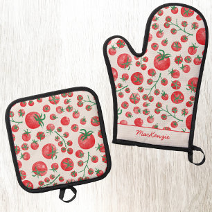 Personalised Watercolor Tomato Pattern Oven Mitt & Pot Holder Set