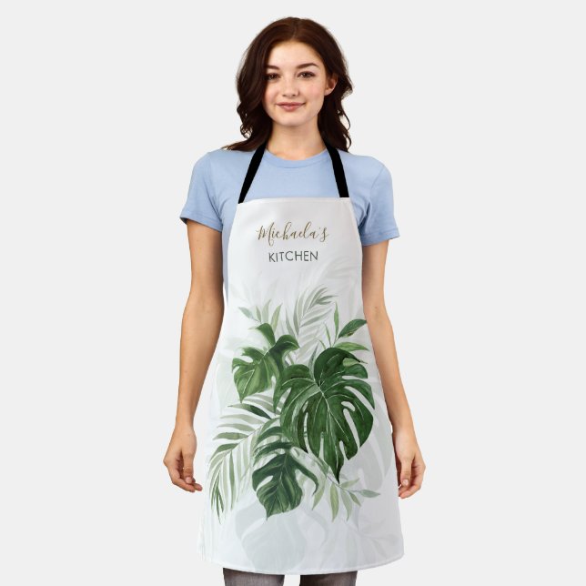 Personalised Watercolor Tropical Leaves Greenery Apron (Worn)