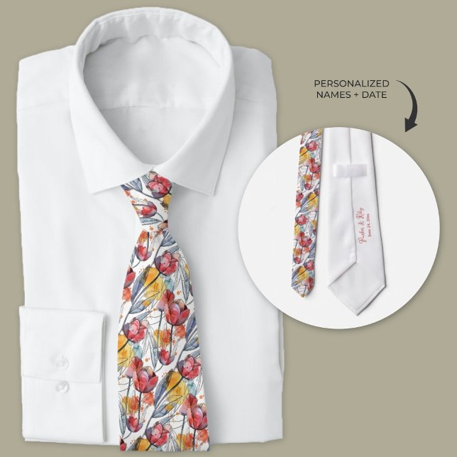 Personalised Watercolor Tulip Tie (floral tulip watercolor personalized groomsmen neckties)
