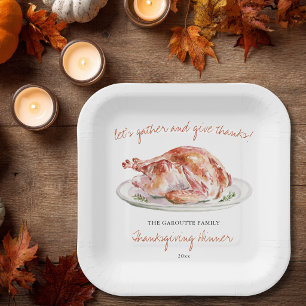 Personalised Watercolor Turkey Thanksgiving Dinner Paper Plate