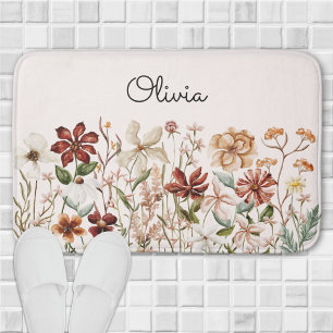 Personalised Watercolor Vintage Wildflower Floral Bath Mat