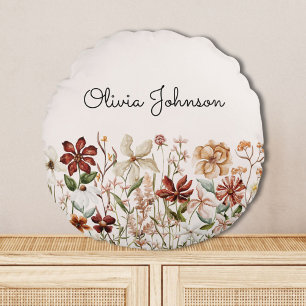Personalised Watercolor Vintage Wildflower Floral Round Cushion