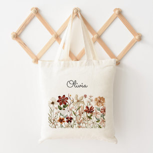 Personalised Watercolor Vintage Wildflower Floral Tote Bag