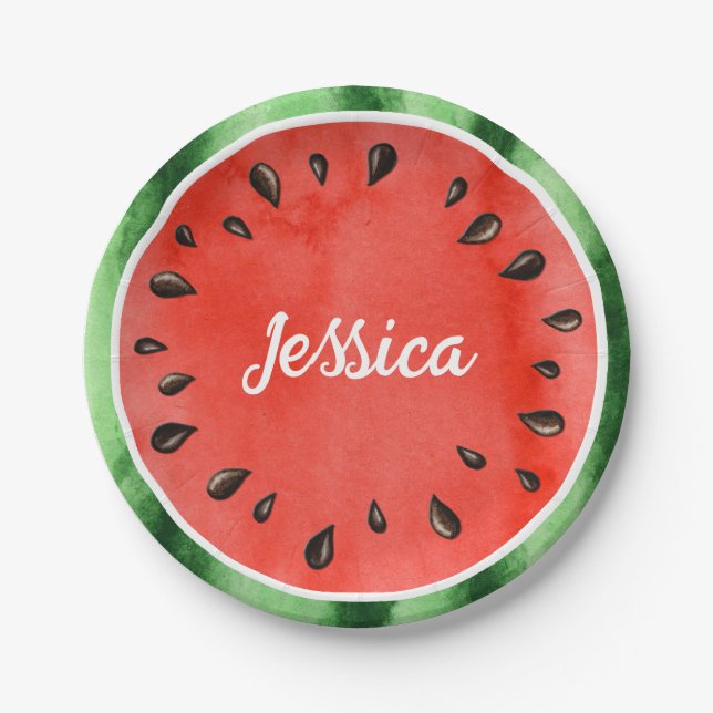 Personalised Watercolor Watermelon Slice Round Paper Plate (Front)