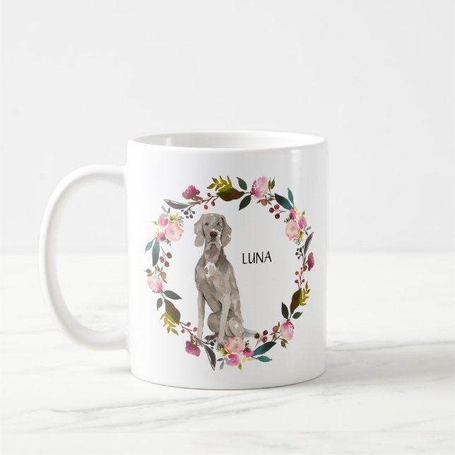 Personalised Watercolor Weimaraner Rose Wreath Coffee Mug (Left)