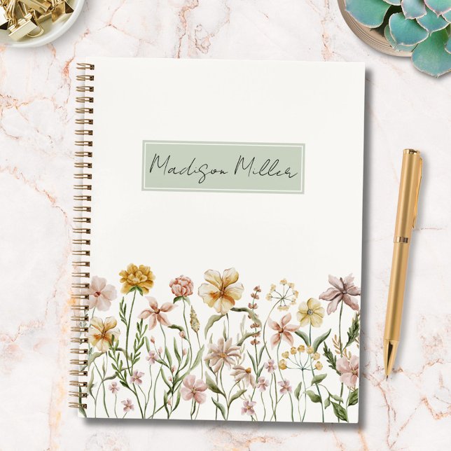 Personalised Watercolor Wildflower Meadow Floral Notebook (In situ)