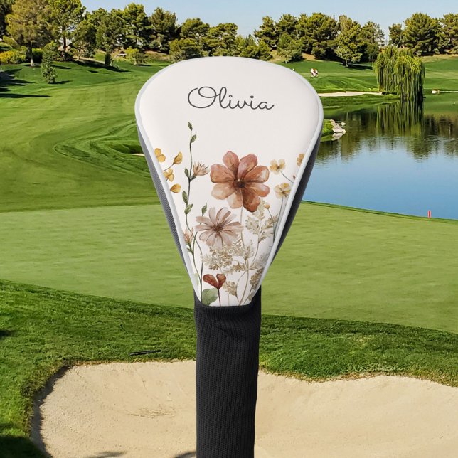 Personalised Watercolor Wildflower Pretty Floral Golf Head Cover (In situ)