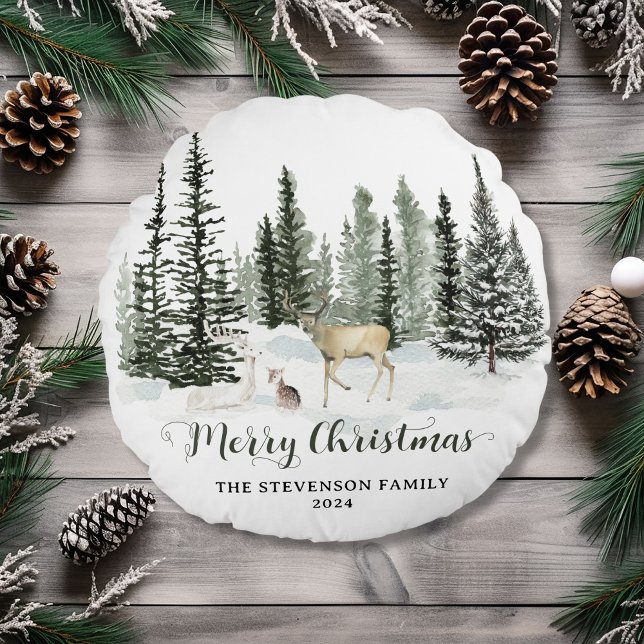 Personalised Watercolor Woodland Merry Christmas Round Cushion (Personalized Watercolor Woodland Merry Christmas Round Pillow)