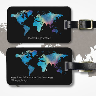 Personalised Watercolor World Map Black Teal Blue Luggage Tag
