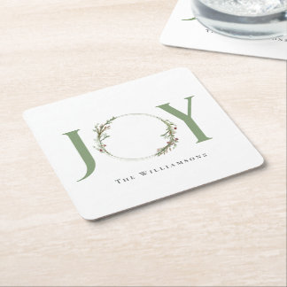 Personalised Watercolor Wreath Joy Square Paper Coaster
