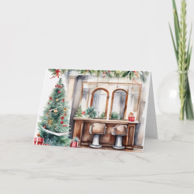 Personalised Watercolor Xmas Hair Salon  Holiday Card (Front)
