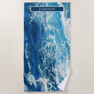 Personalised Wavy Blue Sea Beach Towel