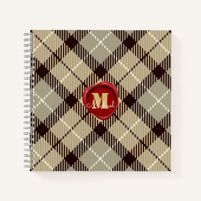 Personalised Wax Seal Monogram Name Grey Tartan Notebook (Front)