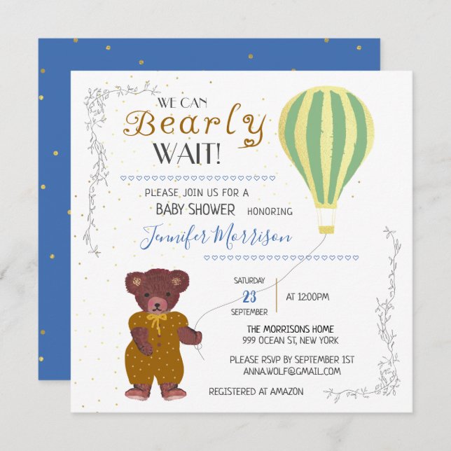 Personalised We Can Bearly Wait Baby Shower Boy Invitation (Front/Back)