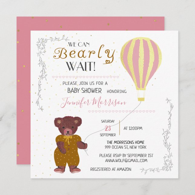 Personalised We Can Bearly Wait Baby Shower Girl Invitation (Front/Back)