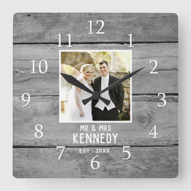 Personalised Wedding Anniversary Photo Rustic Wood Square Wall Clock (Front)