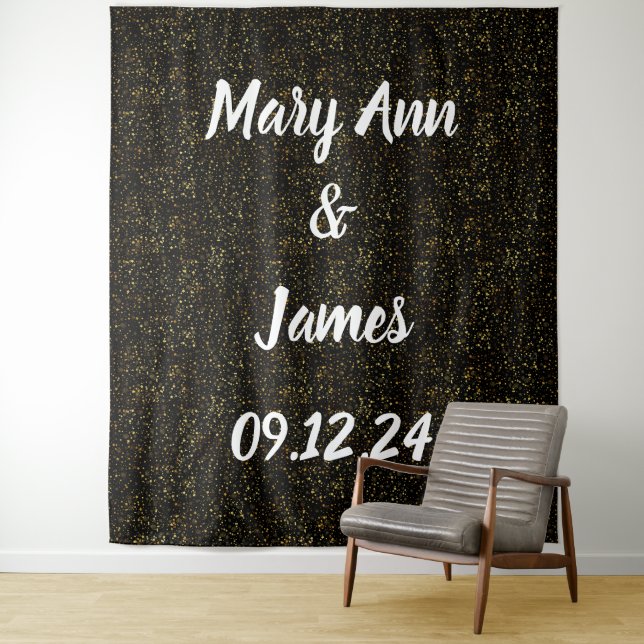 Personalised Wedding Backdrop Black Gold Lights Tapestry (In Situ)