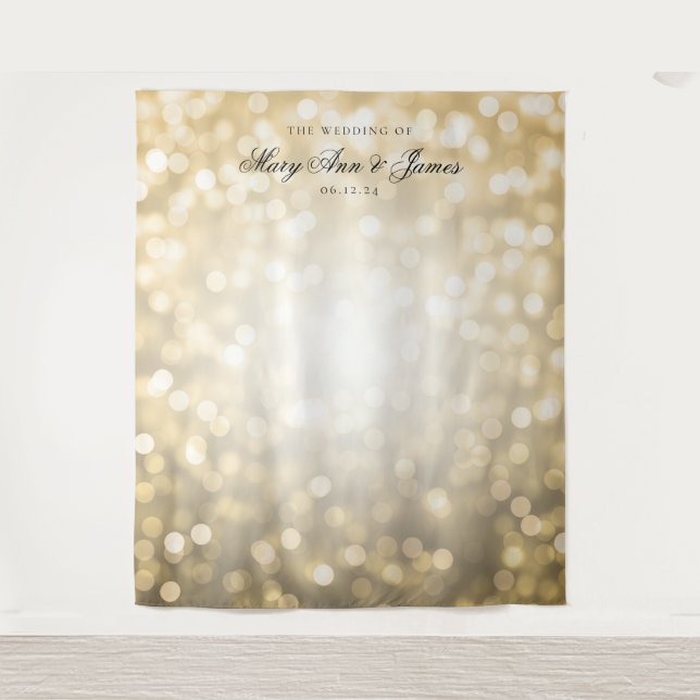 Personalised Wedding Backdrop Gold Bokeh Lights Tapestry (Front)