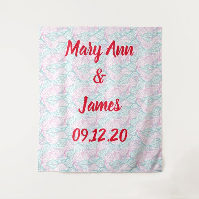 Personalised Wedding Backdrop Leaves Pattern Tapestry (Front)