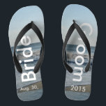 Personalised Wedding Beach Sand Jandals<br><div class="desc">Pretty Blue Sky with Light Fluffy White Clouds, Blue Sea, Crashing Ocean Waves and Beach Sand. Unisex Flip Flops with Bride and Groom Date of Marriage written in a white colour text. PERSONALIZE with your text on left and right feet, (or delete text to only show image). The wedding date...</div>