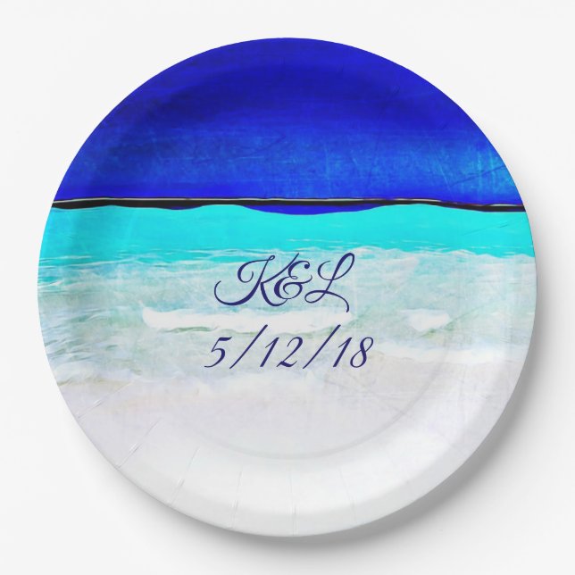 Personalised Wedding Blue Ocean Sandy Beach Plates (Front)