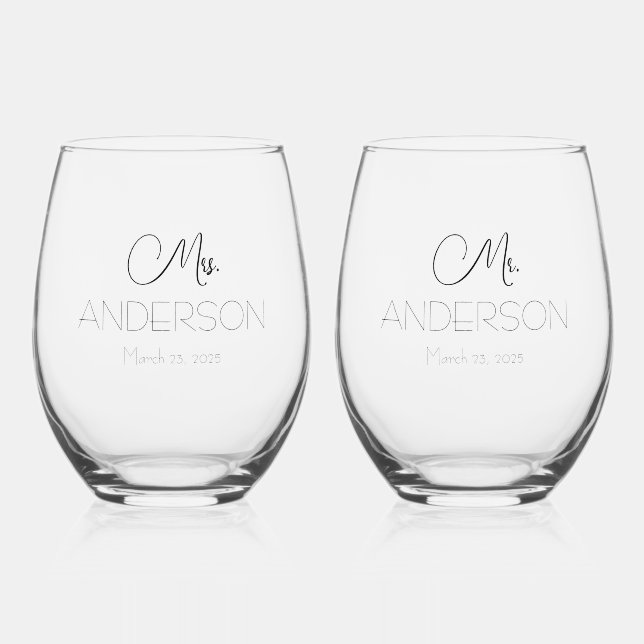 Personalised Wedding Bride Groom Favour mr mrs Stemless Wine Glass (Front)