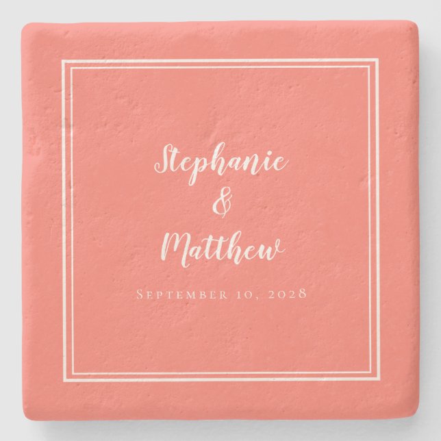 Personalised Wedding Coral White Minimalist Design Stone Coaster (Front)