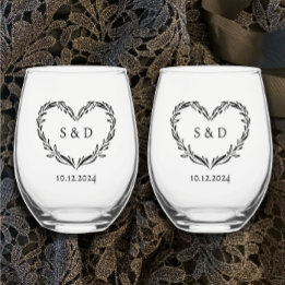 Personalised Wedding Couple's Monogram Heart  Stemless Wine Glass