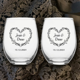 Personalised Wedding Couple's Name & Date Heart   Stemless Wine Glass