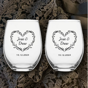 Personalised Wedding Couple's Name & Date Heart   Stemless Wine Glass