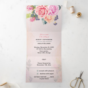 Personalised Wedding Elegant Rose Flower Tri-Fold Invitation