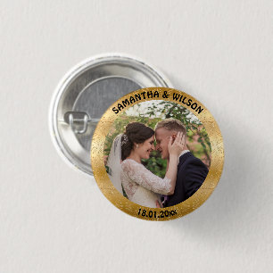 Personalised Wedding Favour   Gold  Photo 3 Cm Round Badge